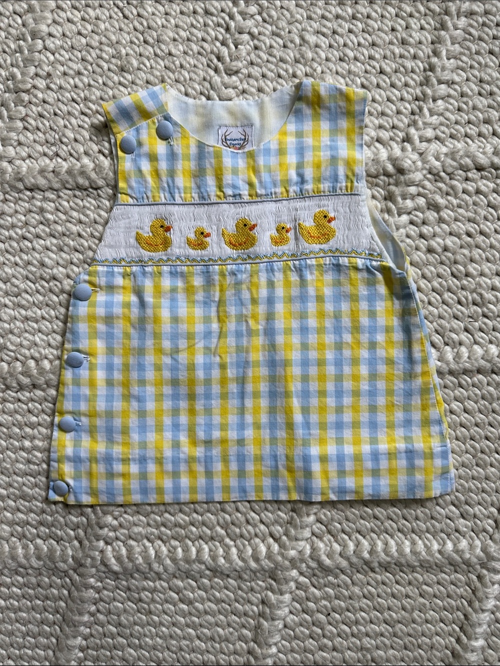 Yellow & Light Blue Gingham Duck Smocked Dress - Kids